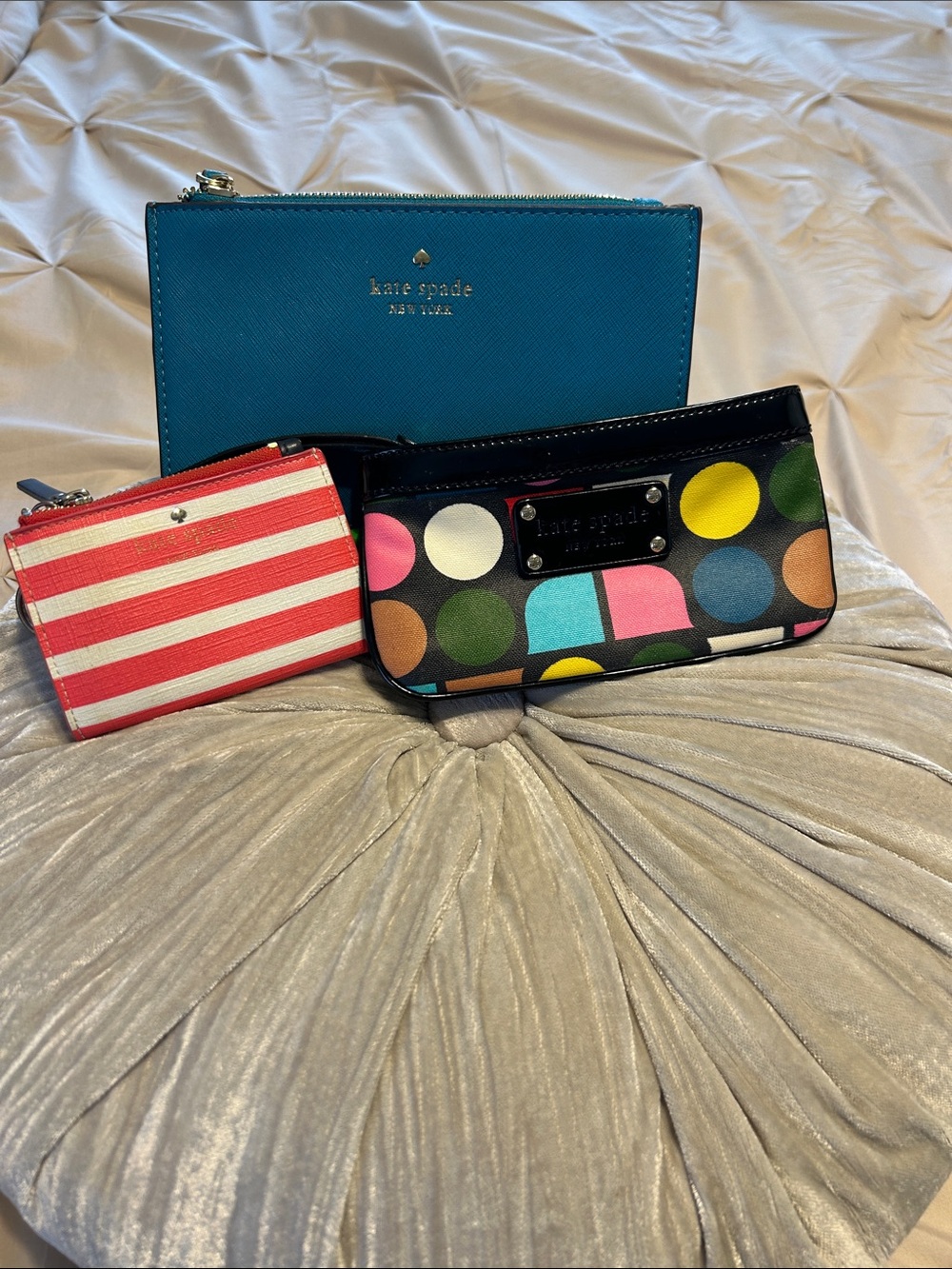 kate spade Teal Zip Wallet with Multicolor Polka Wristlet Striped small wallet